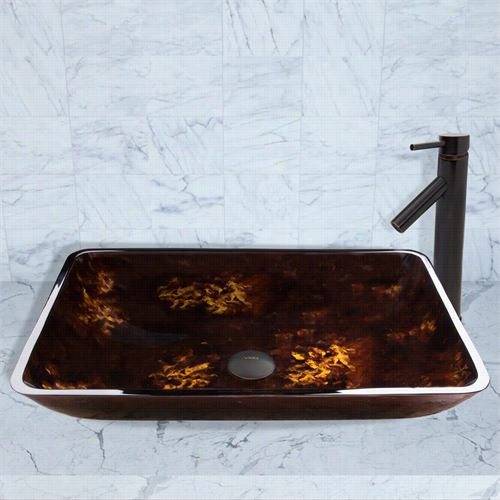 Vigo Vgt474 Rectangular  Brown And Gold Fusion Glass Vessel Sink And Dior Faucet Set In Antiqhe Rubbed Bronze