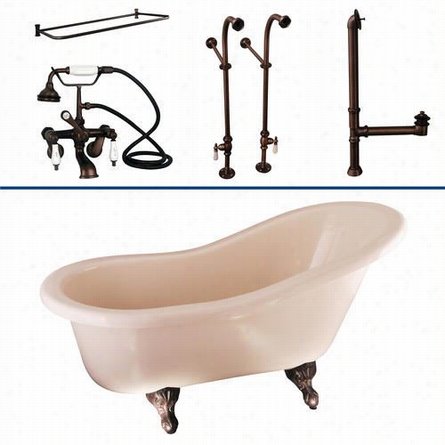 Barrclay Tkadts60-b 60"" Doube Acrylic Slipper Bathtub Kit In Bisque Wiith Porcelain Lever Handles And Re Ctangular Shower Ri Ng