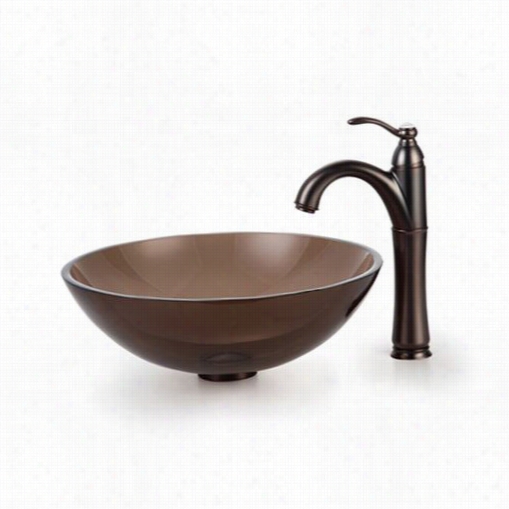 Kraus C-gv-103=12mm-1005orb Clear Brown Glass Vessel Sink And Riviera Fucet In Oi Lrubbed Bronze