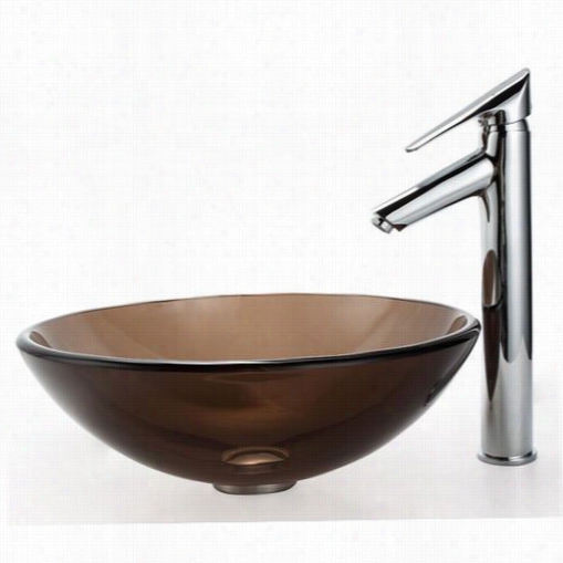 Kraus C-gv-103-12mm-1800ch Clear Brown Glass Vessel Sink And Decus Bathroom Faucet Chrome