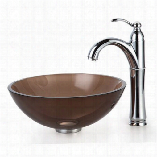 Kaus C-gv-103-14-12km-1005 Ch 14";" Clear Brown Glass Vessel Sink And Riviera Faucet In Chrome