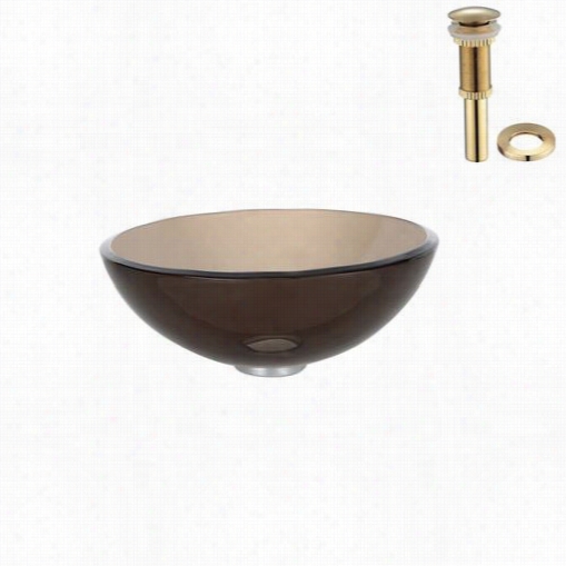 Krau Sgv-103-14-g  Clear Brown 14"" Glass Vessel Sink With Pop Up Drain And Mounting Ring In Gold
