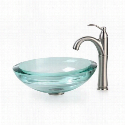 Kraus C-gv-150-10mm-1005sn 17"&uot; Clear Glass Vessel  Sink And Riviera Faucet In Satin Nickel