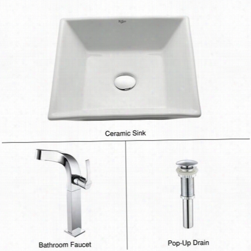 Kraus C-kcv-125-15100ch Wihte Square Ceramic Sink  And Typhon Faucet In Chrome