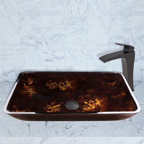 Vigo Vgt910 Rectangupar Brown And Gold Fusion Glass Vessel Sink And Blackstonian Faucet Set In Matte Black