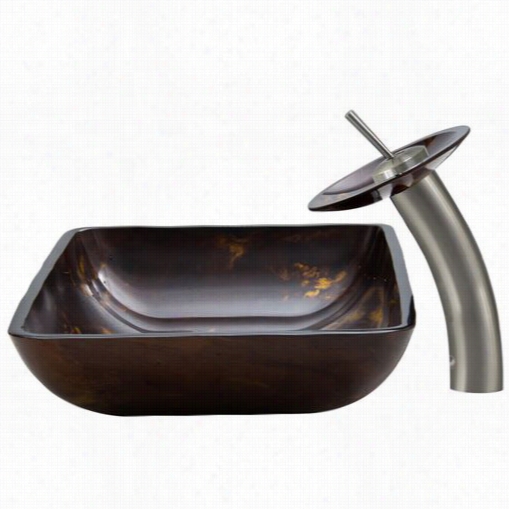 Vigo Vgt033bnrct R Ectangular Brown And Gold Fusin Glass Vessel Sink And Waterfall Faucet Set In Brushed Nickel
