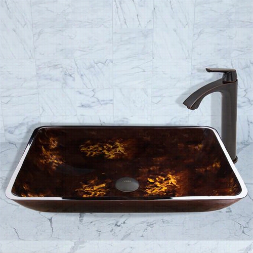 Vigo Vgt476 Rcetangular Brrown And Gold Fusion Gllass Vessel Ink And Linus Faucet Set In Antique Rubbed Bronze