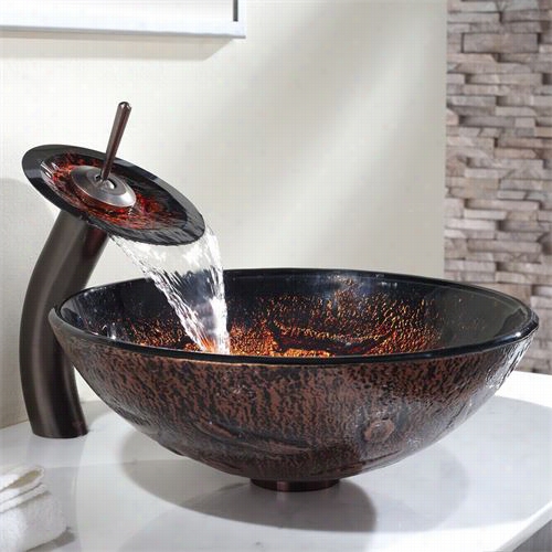 Kraus C-gv-710-12mm-10orb Lava  Glass Vessel Sink And Waterfall Faucet In Oil Rubbed Brown