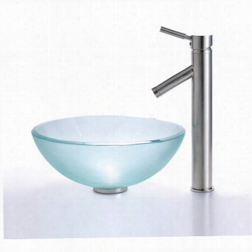 Kraus C-gv-101fr-1-12mm-1002sn 14"&quott; Frostde Glass Vesel  Sink And Sheven Faucet In Satin Nickel