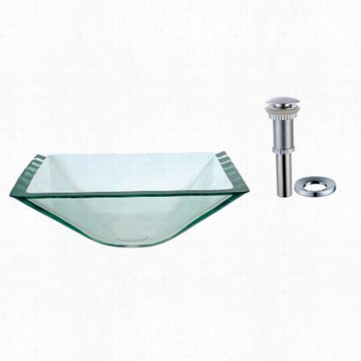 Kraus Gvs-901-19mm-ch Aquamarine Square Clear Glass Vessel Sink With Pop Up Sewer And Mountiny Ring In Chrome