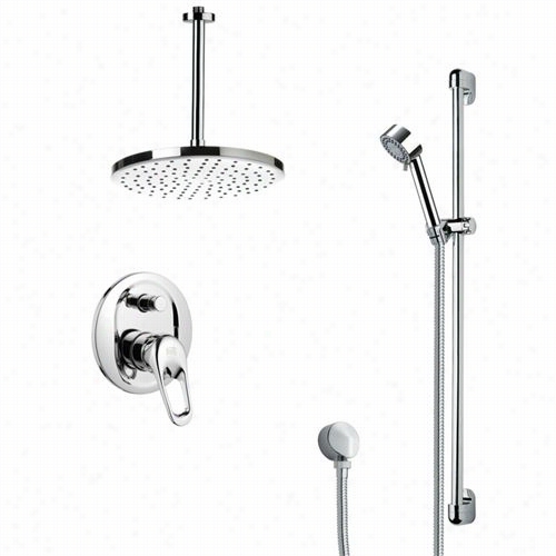 Remer  By Nameek's Sfr7017 Rendino Sleek Round Rain Showe Rfaucet In Chrome With Handheld Shower And 37&uqot;"h Shower  Slidebar