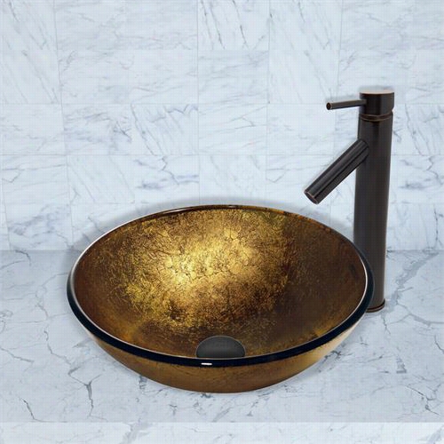 Vigo Vgt385 Liquid Gold Glass Vessel Sink And Diorf Aucet Set In Antique Rubbed Bronze