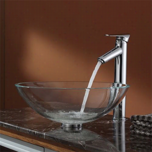 Kra Us Cc-gv-100-12mm-1800ch Crystal Clear Glass Vessel Sink And Decus Faucet In Chrome