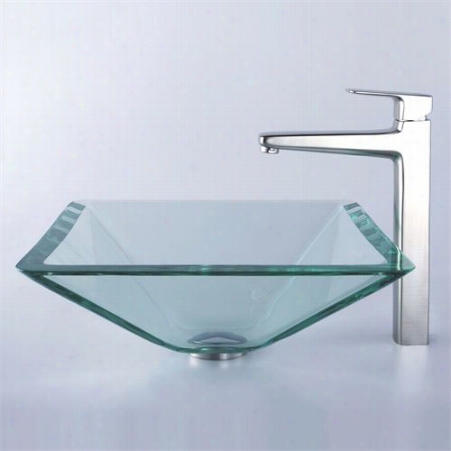 Kraus C-vgs-901-19mm-15500bn Clear Aquamarine Glass Vessle Sink And Virtus Faucet In Brushed Nickel