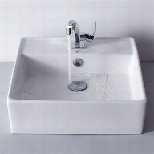 Kraus C-kcv-150-15101ch White S Quare Cerami Sink And Typhon Faucet In Chrome