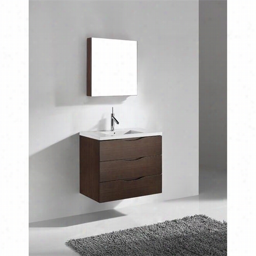 Madeli B100-30-002-wa-xtu1815-30-130-wh Bolano 30"" Wall Hung Vanity In Walnut With Glossy White Solid Surface Xstone Rise Aloft, 3 Fa Ucet Holes  And  Overflow Basin