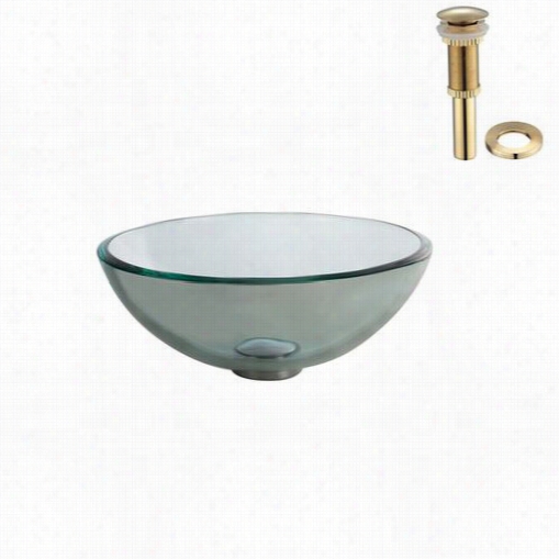 Kraus Gv-101-14~g Clear 14"" Glass Vessel Sink With Pop Up Drain And Moun Tinkling Ring In Gold