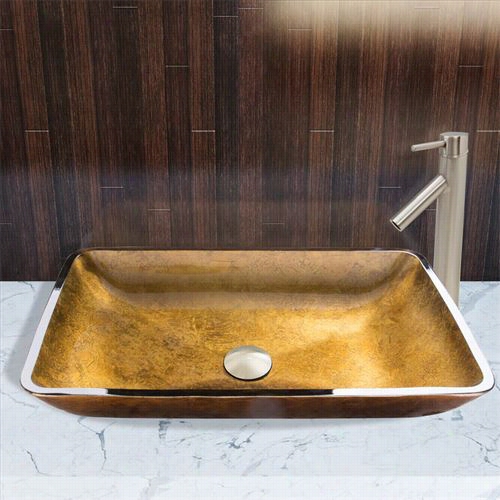 Vigo Vgt491 Rectanglar Russet Glass Vesseo Sink And Dior Faucet Set In Rushed Nickel