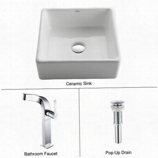 Kraus C-kcv~120-15100ch White Square Ceraamic Sink And Typhon Faucet In Chrome