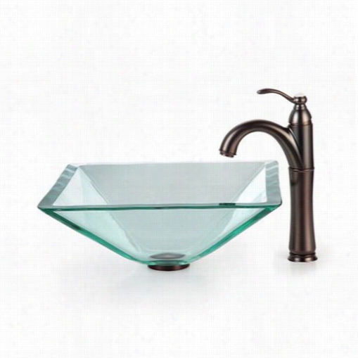 Krus C-gvs-901-19mm-1005orb Clear Aquaariine Glass Vessel Sink And Riviera Faucet In Oil Rubbed Br Onze