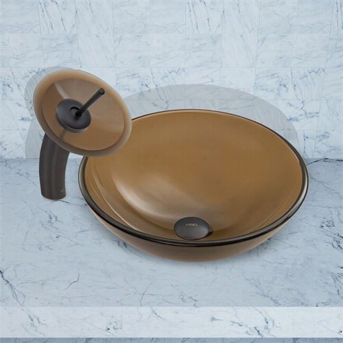Vigo Vgt048 Sheer Sepia Frost Glass Evssel Sink And Aterfall Faucet Set In Ancient Rarity Rubbed Br Onze
