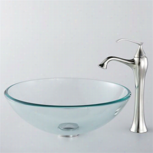 Kraus C-gv-101-12mm-15000bn Clear  Glass Vessel Sink And Ventus Faucet In Brushed Nickel