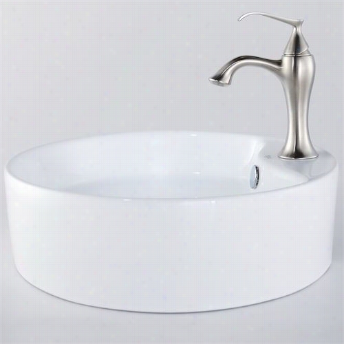 Kraus C-kcv-142-155001bn 18-1/2""d White Round Ceramic  Sink And Ventus Basin Faucet In  Brushrd Nickel