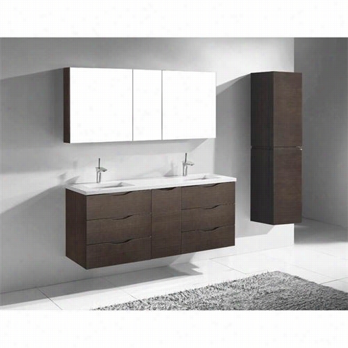 Madeli B100-60-002-wa-qsa1812-60-230-wh Bolano 60"" Wal Lhung Vanity In Walnut With White Quartzstone Top And Faucet 3 Hose
