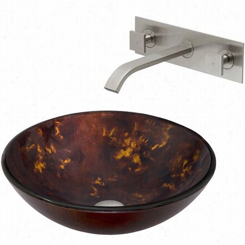 Vigo Vgt317 Broown And Gold Fusion Glass Vessel Sink And Ti Tus Wall Mount Afucet Set In Brushed Nickel