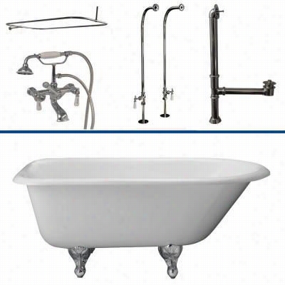 Barcpayy Tkctrn54 54"" Cast Iron Tub Kit With Porcleain Lever Handles Tub Fillerr And 48"" Rectangular Shower Rod