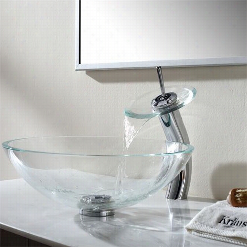 Kraus C-gv-100-1m2m-10ch Crystal Cear Glass Vessel Sink And Waterfall Faucet In Chrome