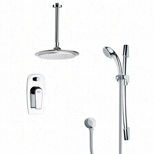 Remer By Nameek's Sfr7012 Rendino Sleek Round Rain Shower Fauceet In Chrome With Side Rail And 2-1/3"&quto;w Handheld Shower