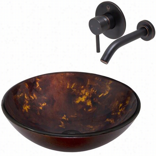 Vigo Vgt316 Brown And Gold Fusion Glass Vessel Sink And Olus Wall Mount Faucet Set In Anique Rubbed Bronze