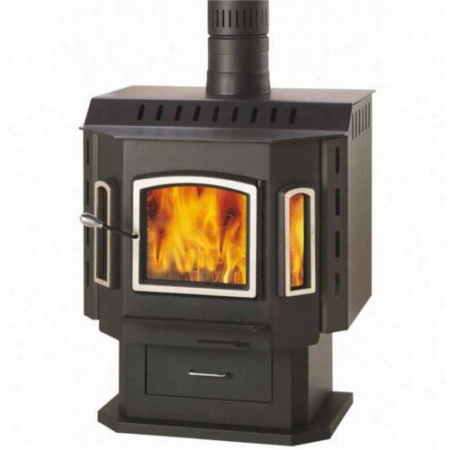 Drolet Db03505 Sahara Bay Windowwood Stove On Pedestal With Brushed Nickel Door