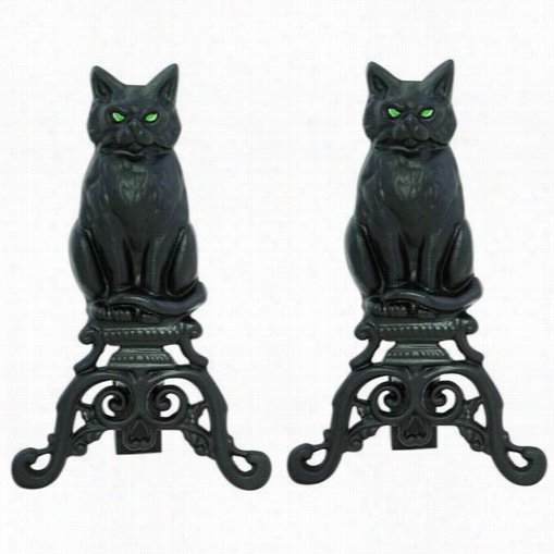 Uniflame A_1251 17""hc Ast  Iron Cat Andirons In Black Wiht Reflective Glass Eyes