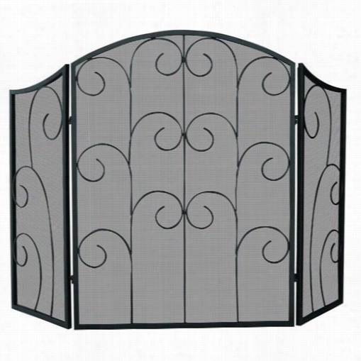 Uniflame S1-015 35""h 3 Panel Wrought Iron Screen I Blaxk With Decorative Scroll