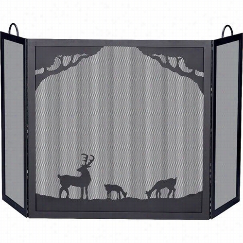 Uniflme S-1333 Deluxe 3 Panel Black Wrought Iron Screen With Deer Design