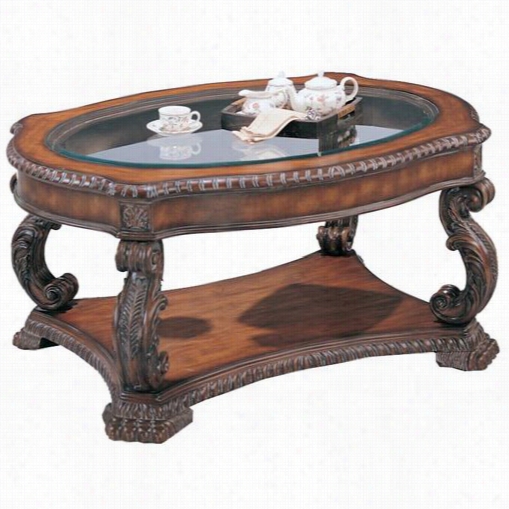 Coaster Furniture 3892 Doyle Tarditional Oval Ocktail Slab In Brown With Glass Inlay Top