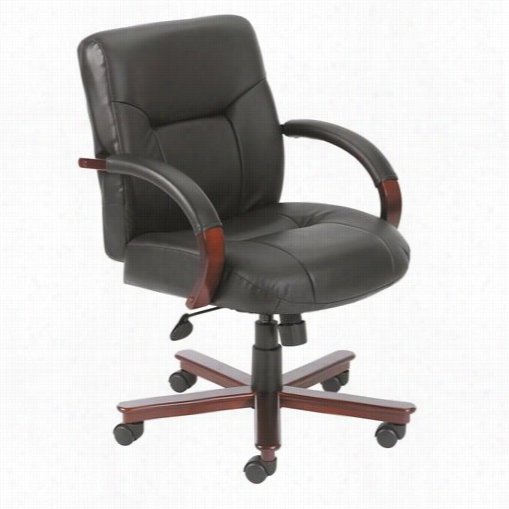 Boss  Office Products B8906e Xecuive Leather Mid Back Chai R Wiith Mahogany Wood