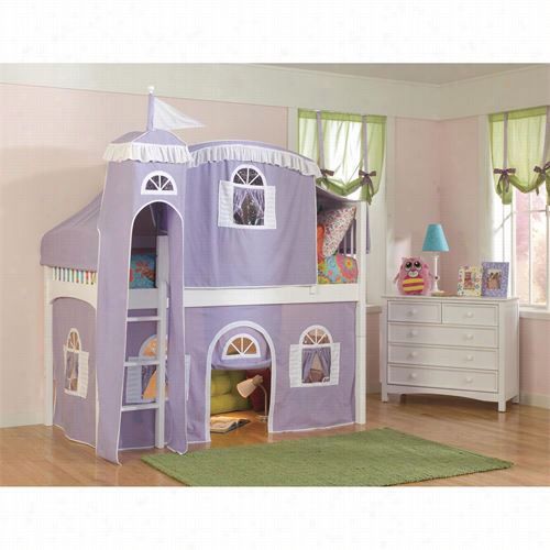 Bolton Furniture 9841500lt5lw Windsor Twin Low Loft Bed In White With Lilac/white Tower, Top Tent, Bottom Curtain And Slide