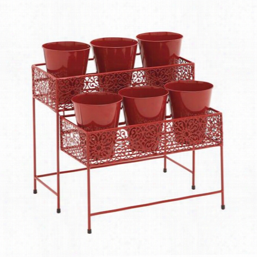 Woodland Imports 28939 Eye Catching Styled Metal 2 Row Plant Stand In Red