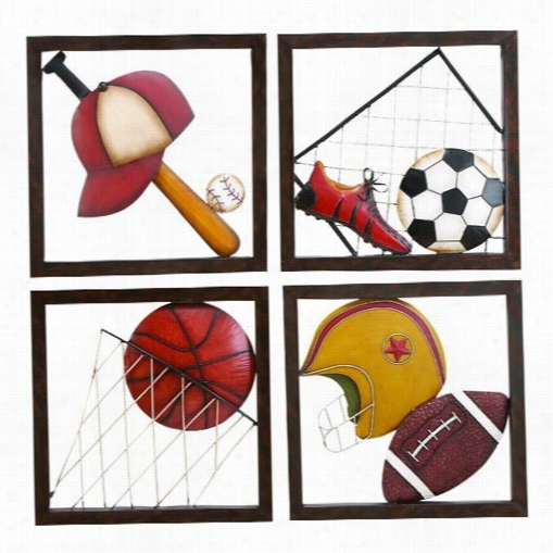 Woodland Imports 68003 Metal Baseballl Decor Assortted Passion For Baseball - Set Of 4