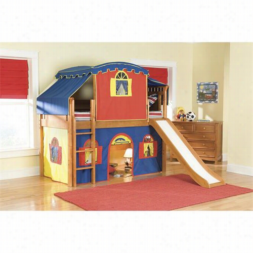 Bolton Furniture 9851y00 Lt4by Benniington Twin Low Loft Bed In Hon Ey With Blue/yellow Top  Tent, Bottom Playhouse Curtain And Sldie