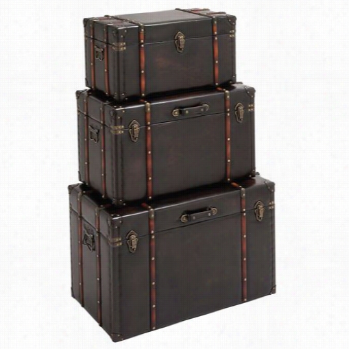 Woodland Imports 55746 The Stunnin Wood Leather Trunk - Set Of 3