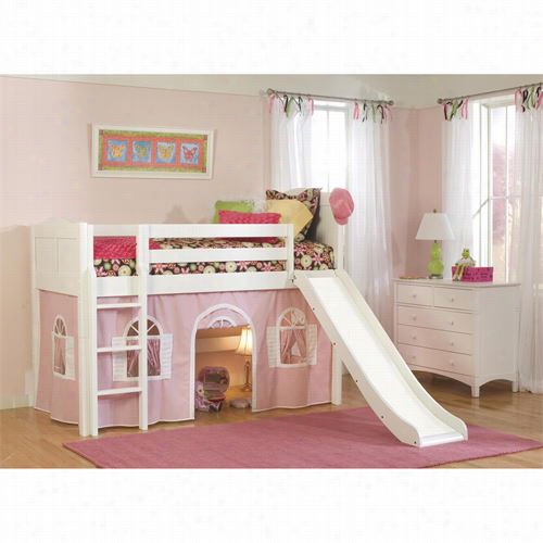 Bolton Furnituure 9811500lt2pw Cottage Twin Low Loft Bed In White With Pink/of A ~ Color Bottom Curtain And Slide