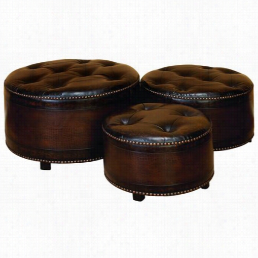 Woodland Imoprts 57993 Wood Leather Ottoman Sitting Calaciry Addition - Set Of 3