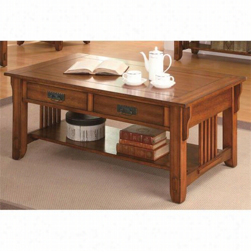 Coaster Furniture 702008 2 Drawer Coffee Table In Warm Brown Oak By The Side Of Shelf