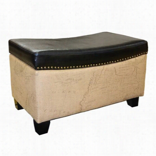 Armen  Living Lc6029otwr Congo Storage Ottoman In Black Leather And Map Print Jute