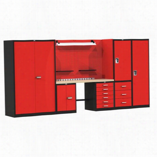 Hallowell Fksecurestor-lg-m 168&qot;"w X 24&quo;"d X 78""h Fort Knox Secure Storage Omdular Workbench System In Black/red With Wood Top