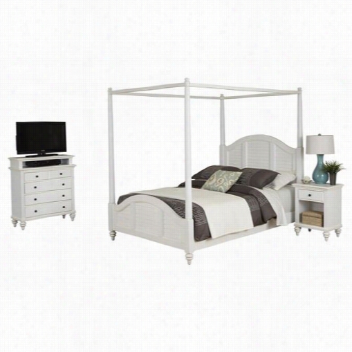 Home Styles 5543-6104 Bermuda King Canopy Ed, Night Stand, And Media Chest In Brushed White